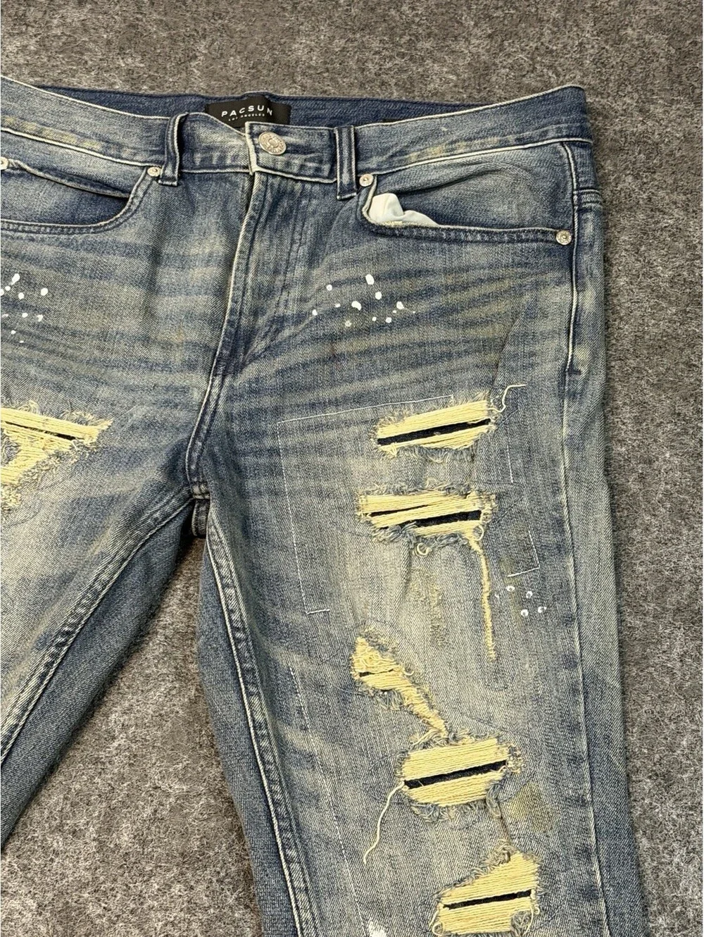 PacSun Stacked Skinny Jeans Mens 32x30 Distressed Ripped Patched Paint Splatter